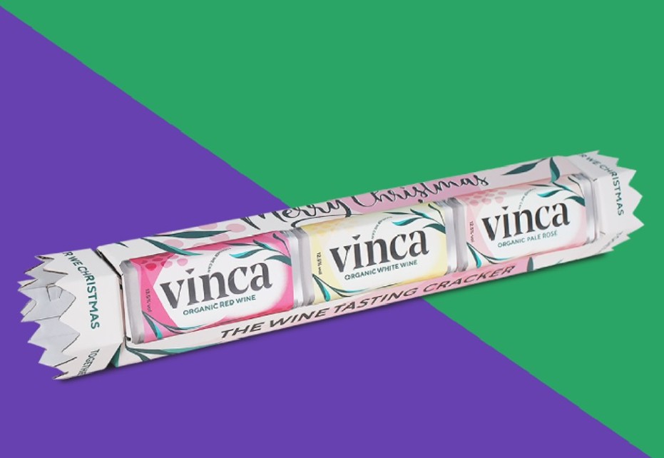 Festive Christmas cracker packaging for Vinca Wine